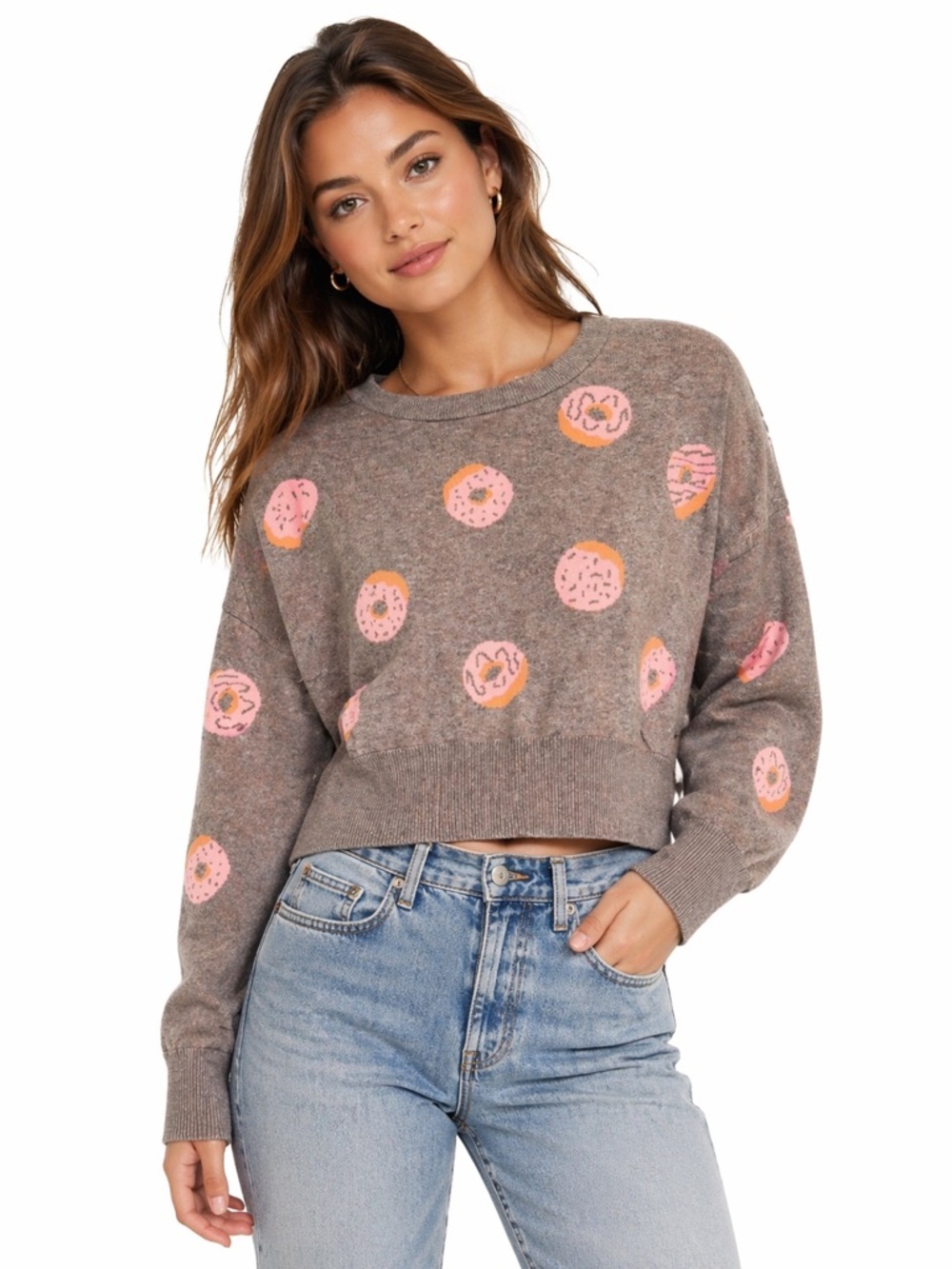 Anthropologie If It Were Me Size Large Gray Pink Donut Patterned Women's Sweater
